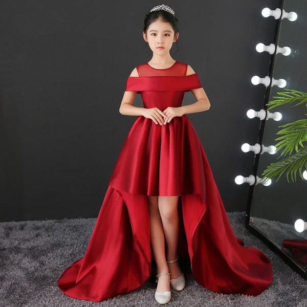 Kids Red Party Dress
 Kids model show pianist stage performance long dresses