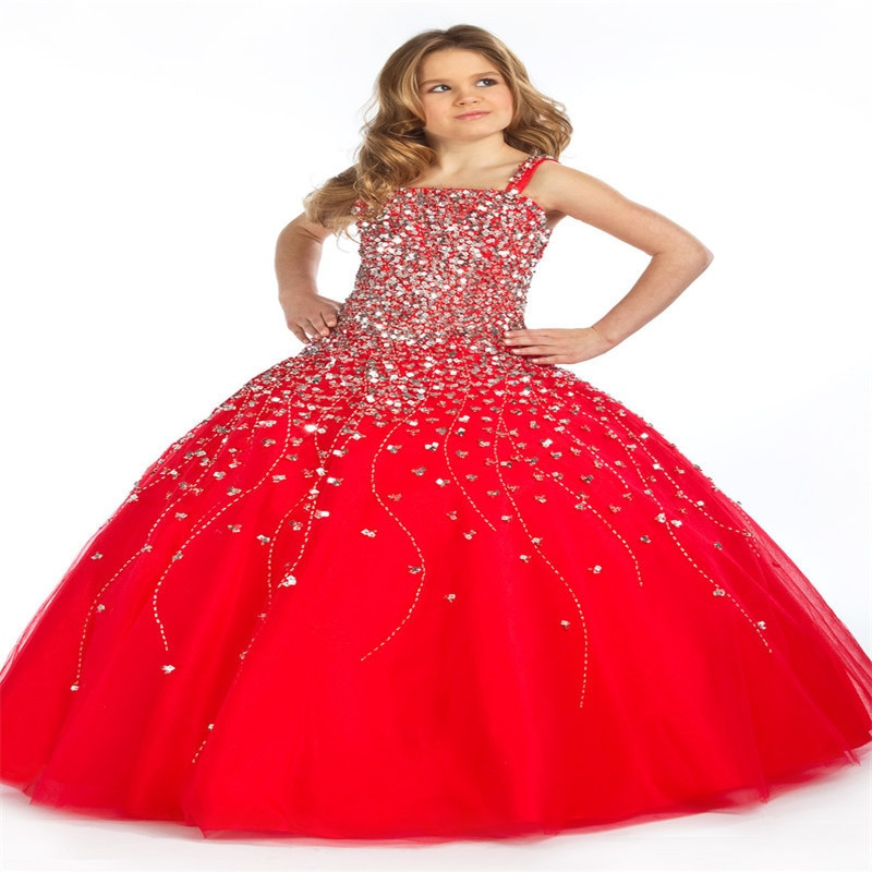 Kids Red Party Dress
 Red Luxury Ball Gowns Kids Party Dress Custom Made Crystal