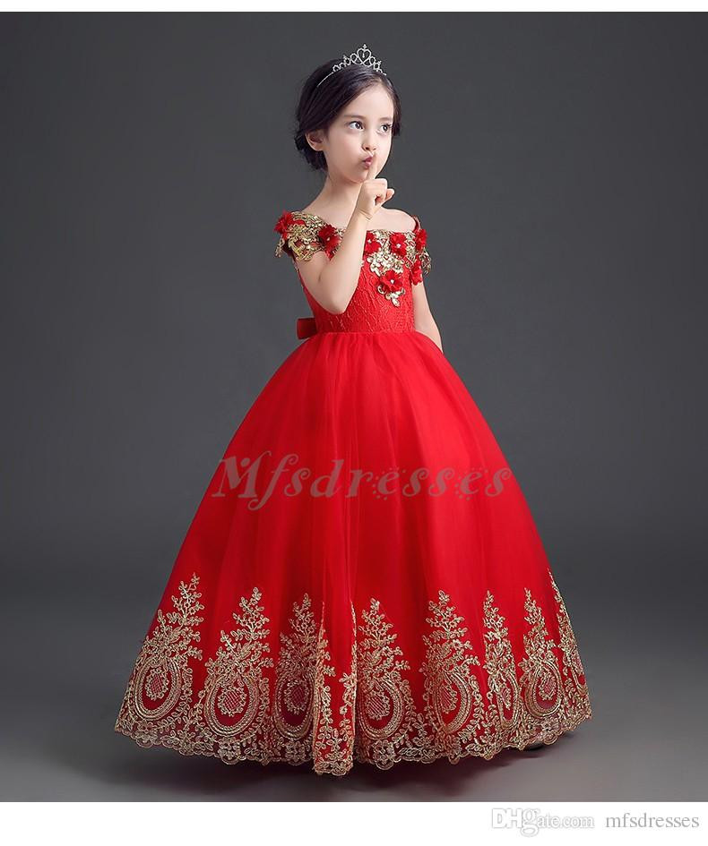 Kids Red Party Dress
 2017 Luxury Beading Gold Appliques Ball Gown f The