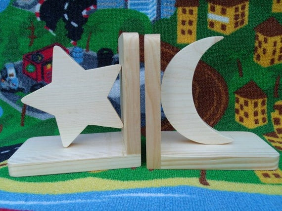 Kids Room Bookends
 Handmade eco friendly wooden bookends moon and star by