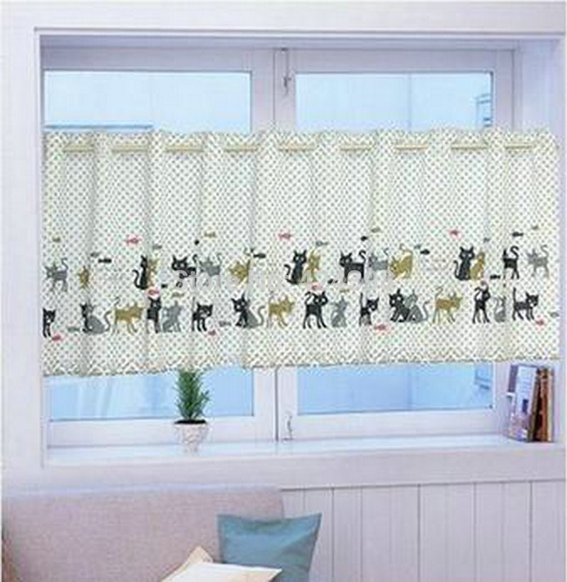 Kitchen Curtains Fabric
 Cat knitting yarn print coffee kitchen short curtain