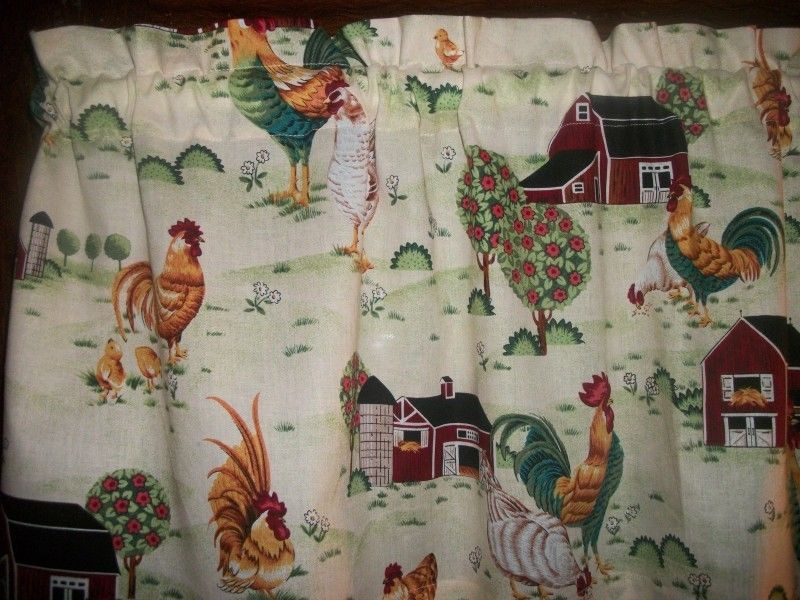 Kitchen Curtains Fabric
 Rooster Chicken Farm Barn country kitchen fabric window