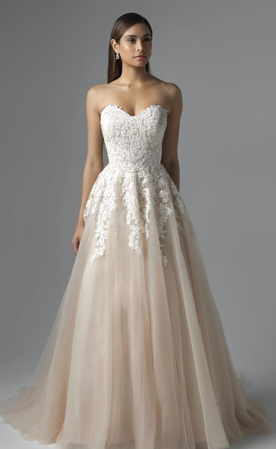 Lace And Tulle Wedding Dress
 Lace Bodice Blush Tulle Skirt Wedding Dress