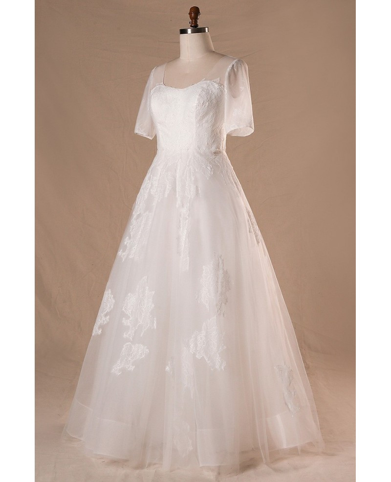 Lace And Tulle Wedding Dress
 Modest Plus Size A line Lace Tulle Wedding Dress With