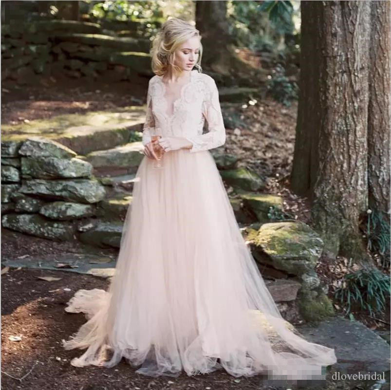 Lace And Tulle Wedding Dress
 Bohemia Light Pink Lace Tulle Wedding Dress A Line Long