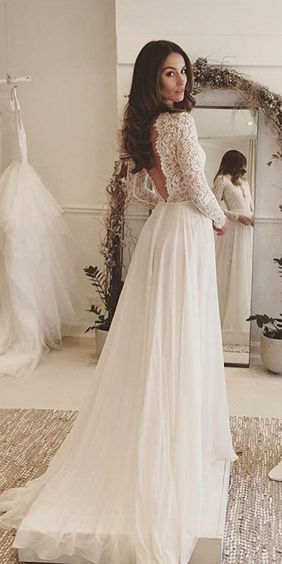 Lace Wedding Gowns Pinterest
 Elegant White Lace Long Sleeves V Neck V Back y Wedding