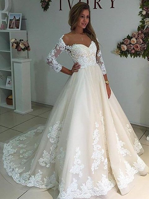 Lace Wedding Gowns Pinterest
 Unique A line Long Sleeves White Lace Long Wedding Dress