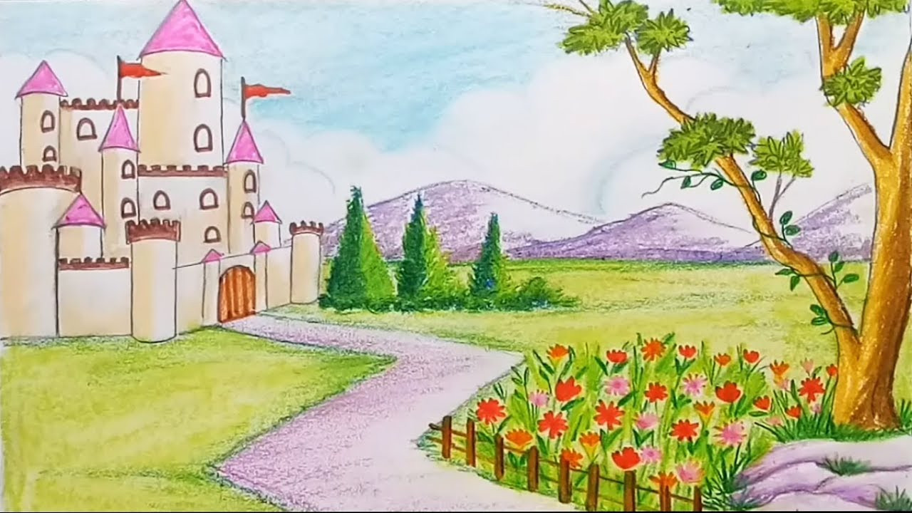 Landscape Fountain Sketch How to draw a scenery of flower garden with castle step by