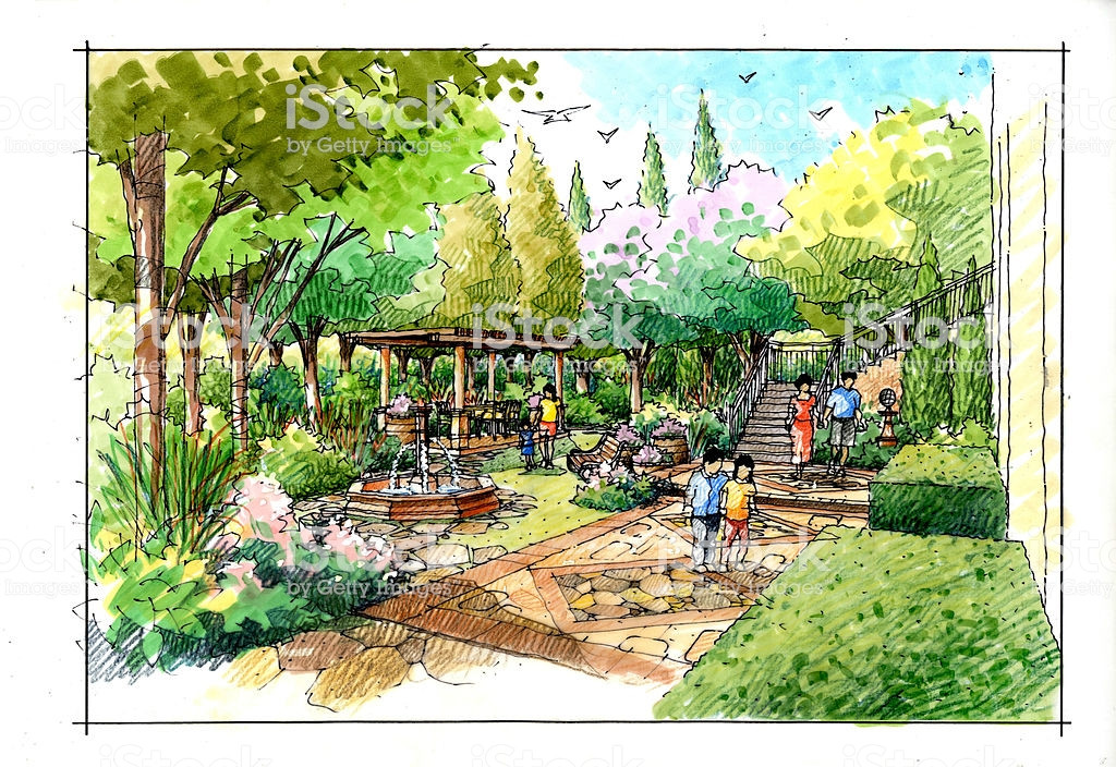 Landscape Fountain Sketch Landscape Garden Sketch Series Stock Vector Art & More