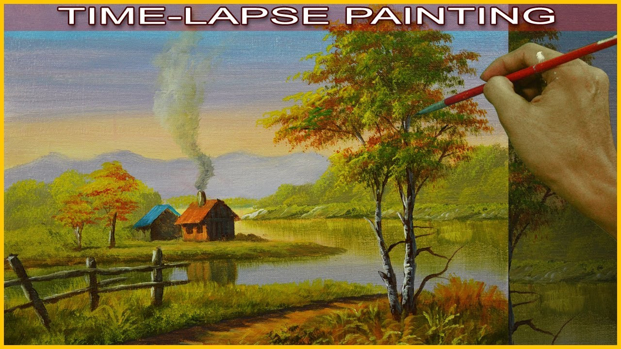Landscape Painting Images
 Acrylic Landscape Painting in Time Lapse Houses Near the