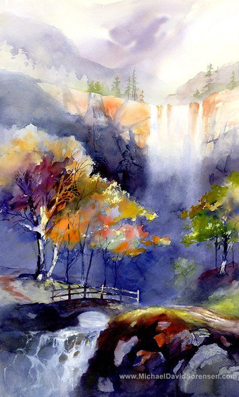 Landscape Painting Images
 Waterfall Watercolor Landscape Painting Print by Michael
