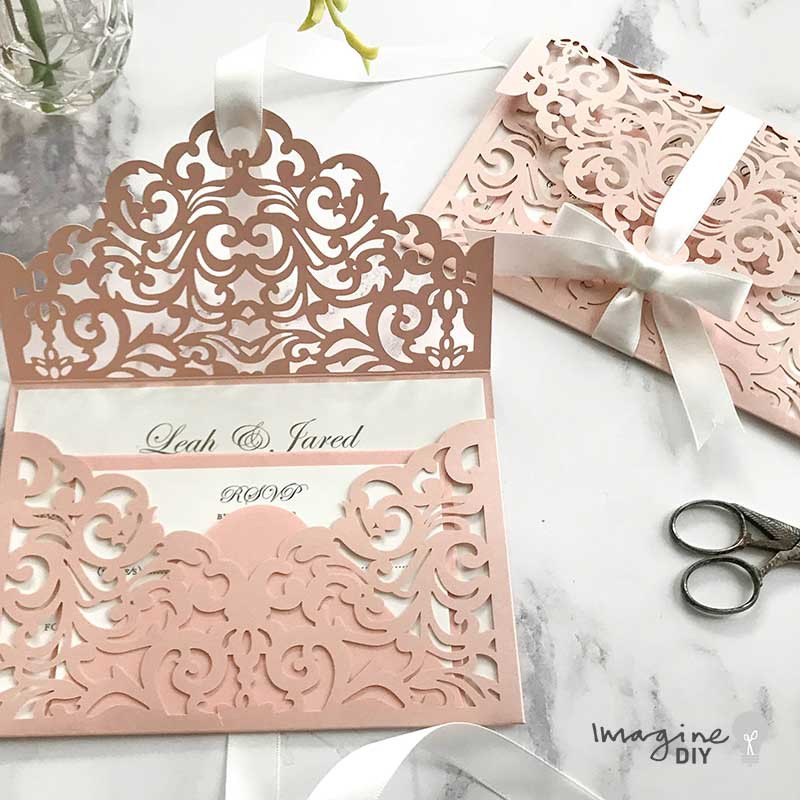 Laser Cut Wedding Invitations DIY
 Filigree with bow diy blush pink laser cut invitations