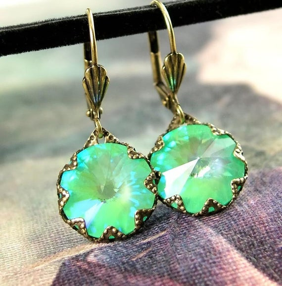 Lime Green Earrings
 Mint Green Earrings Swarovski Crystal Antique by DorotaJewelry