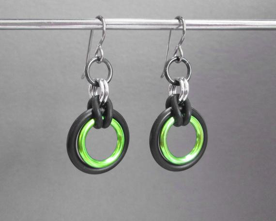 Lime Green Earrings
 Circle Earrings Lime Green Earrings Black Metal Earrings
