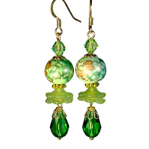 Lime Green Earrings
 Vintage Inspired Lime Green Earrings Bead Dangle by