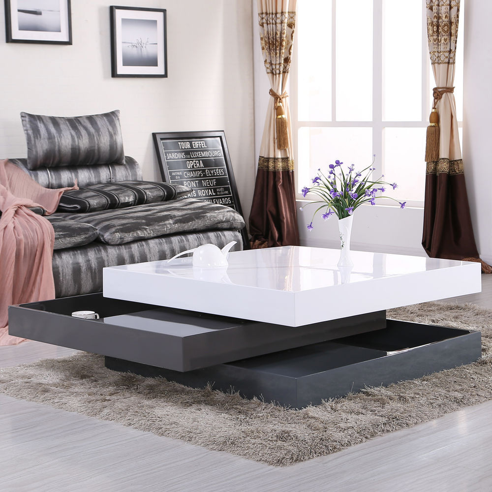Living Room Table With Storage
 High Gloss Square Storage Rotating Coffee Table w 3 Layers
