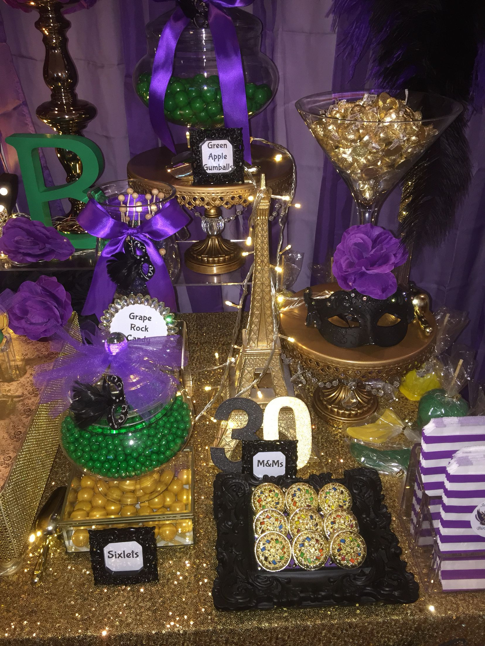 Masquerade Graduation Party Ideas
 Birthday Masquerade Party Candy Buffet in Purple Green