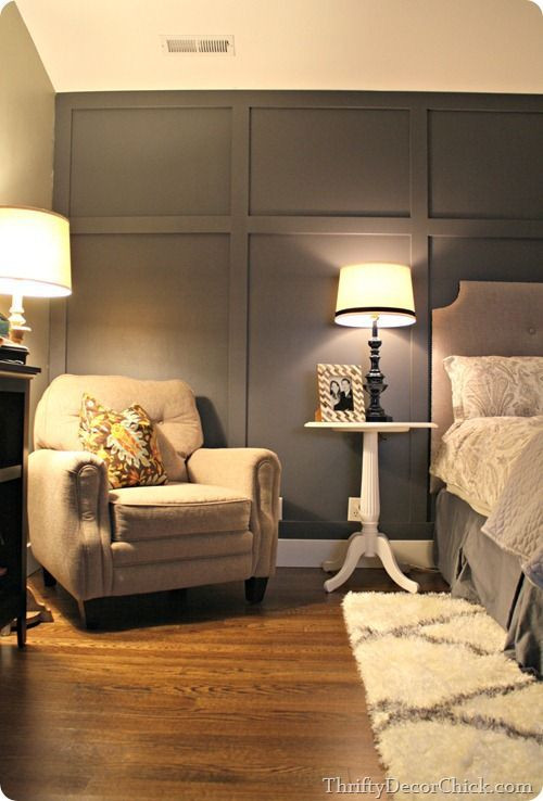 Master Bedroom Accent Wall
 Dark gray accent wall board and batten look