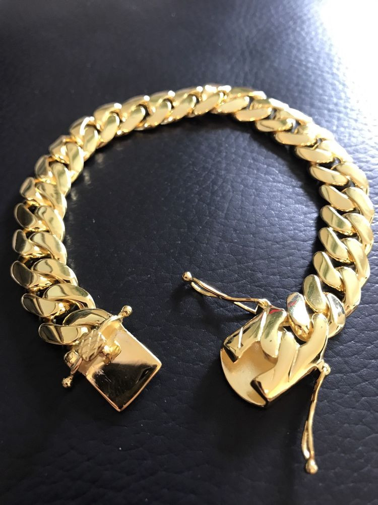 Mens 14k Gold Bracelets
 Mens Cuban Miami Link Bracelet 14k Gold Over Solid 925