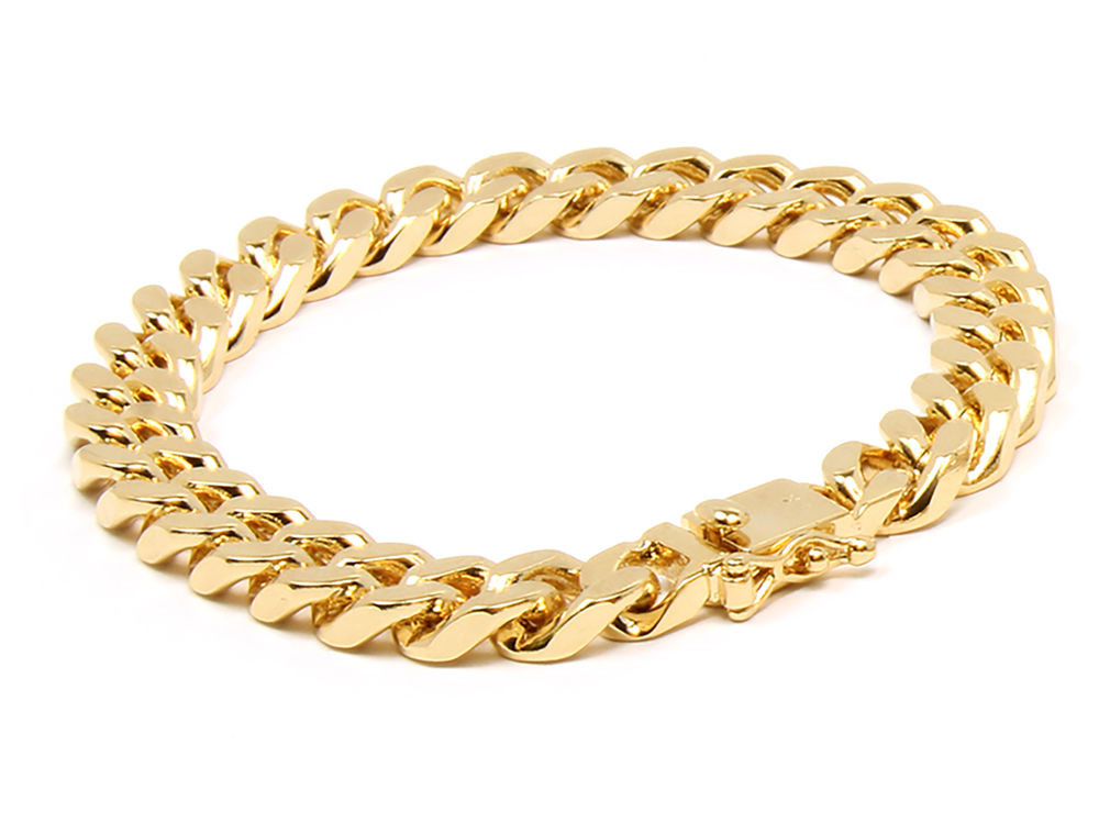 Mens 14k Gold Bracelets
 Mens 10mm 14k Gold Plated Heavy Thick Cut Hip Hop Bracelet