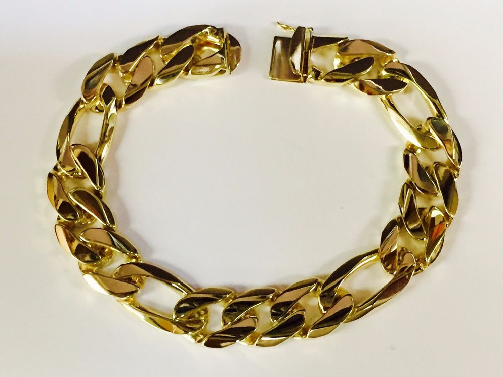 Mens 14k Gold Bracelets
 14k solid gold handmade Figaro Curb link mens bracelet 10