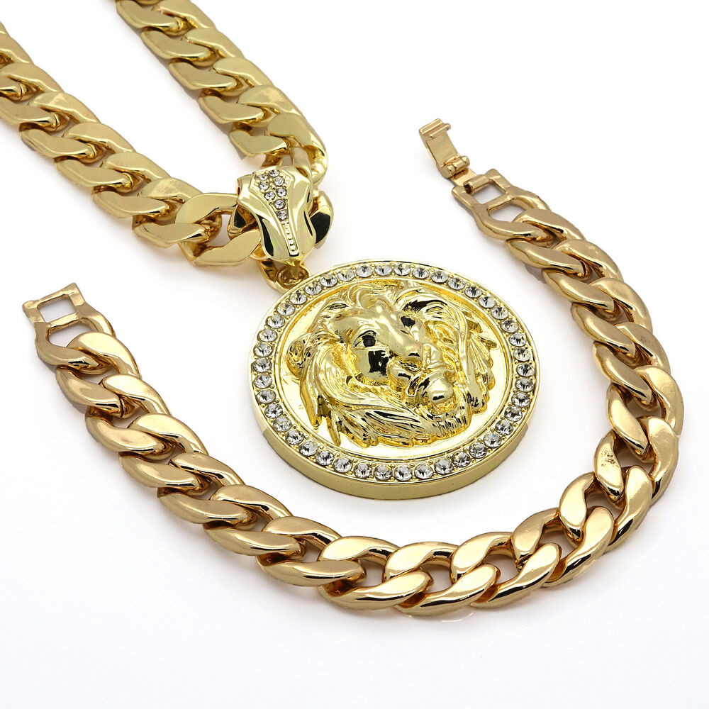 Mens 14k Gold Bracelets
 Mens 14k Gold Plated 14mm30" Cuban Chain Lion Face Black