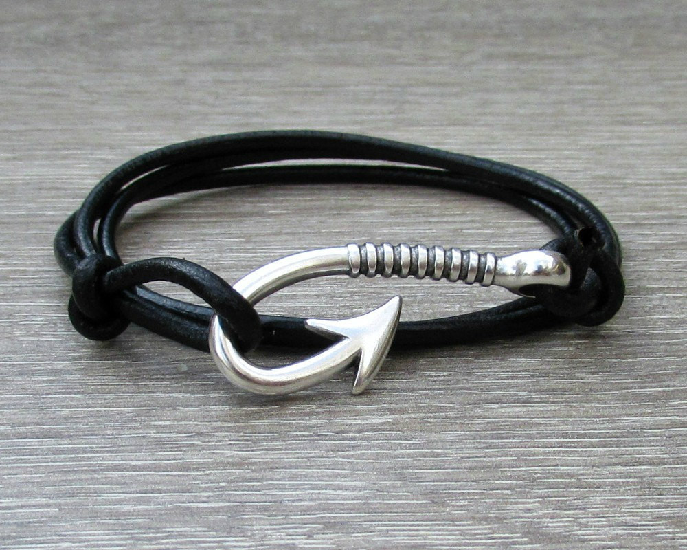 Mens Hook Bracelet
 Fish Hook Leather Bracelet Mens Nautical Anchor wrap Bracelet