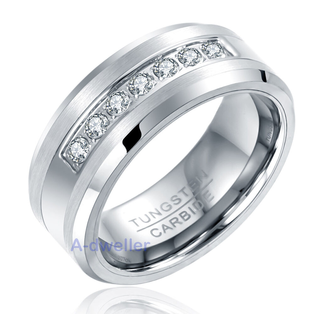 Mens Tungsten Diamond Wedding Bands
 8MM Mens Tungsten Ring Round Diamond Inlay Center Brushed