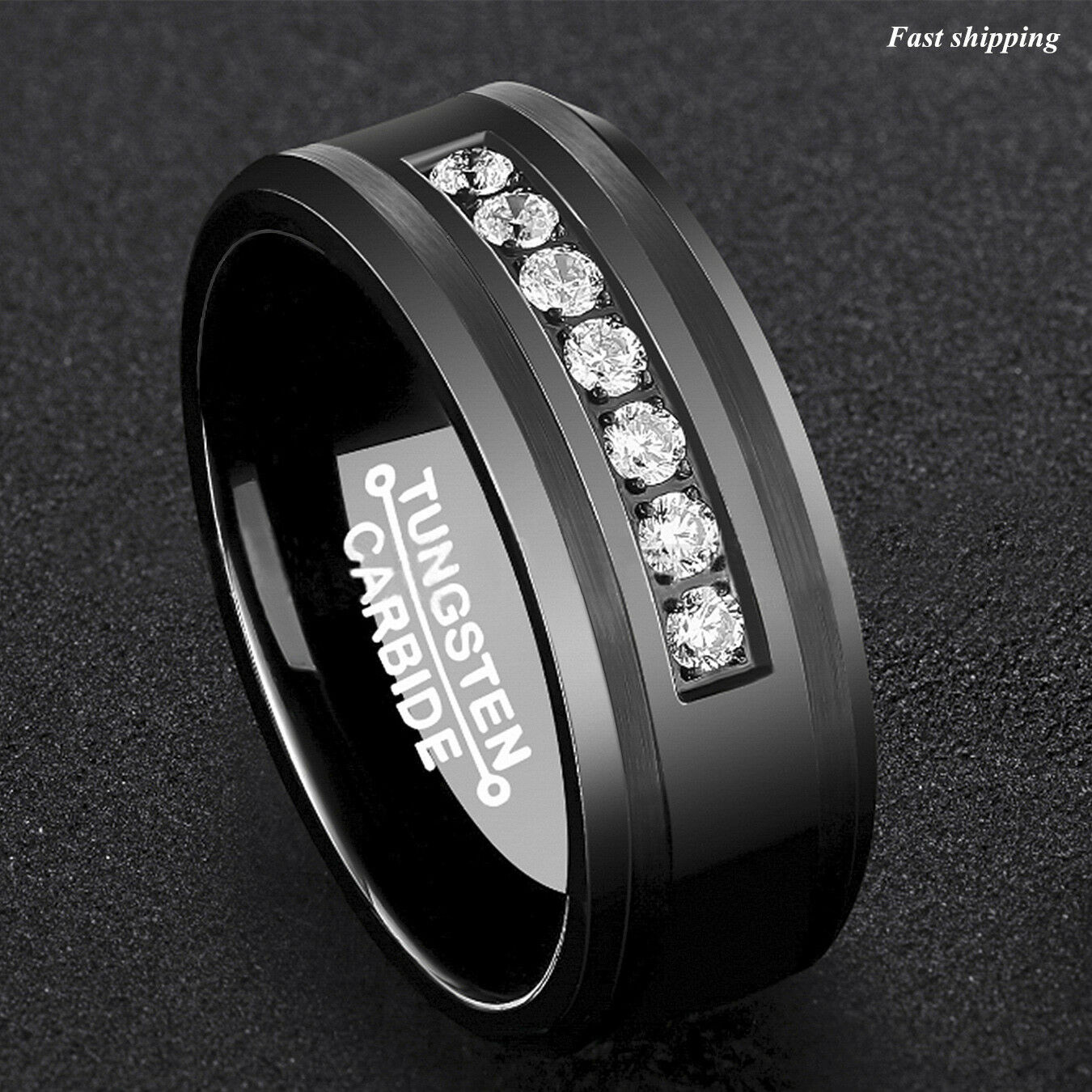 Mens Wedding Band
 8Mm Black Tungsten Carbide Ring Diamonds Inlay fort Fit