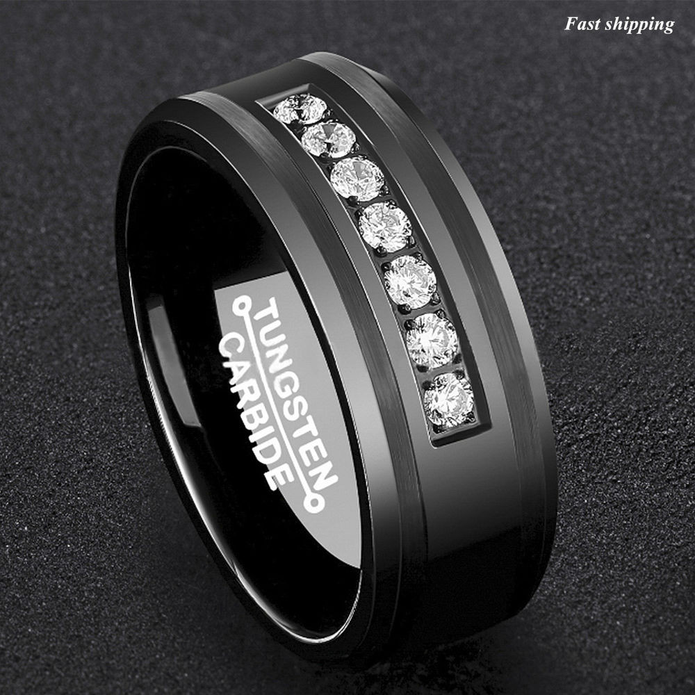Mens Wedding Bands Black Diamonds
 8Mm Black Tungsten Carbide Ring Diamonds Inlay fort Fit