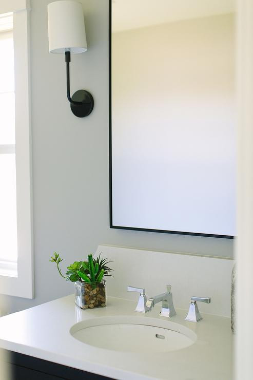 Metal Bathroom Mirror
 Black Wall With White Bath Vanity Design Ideas