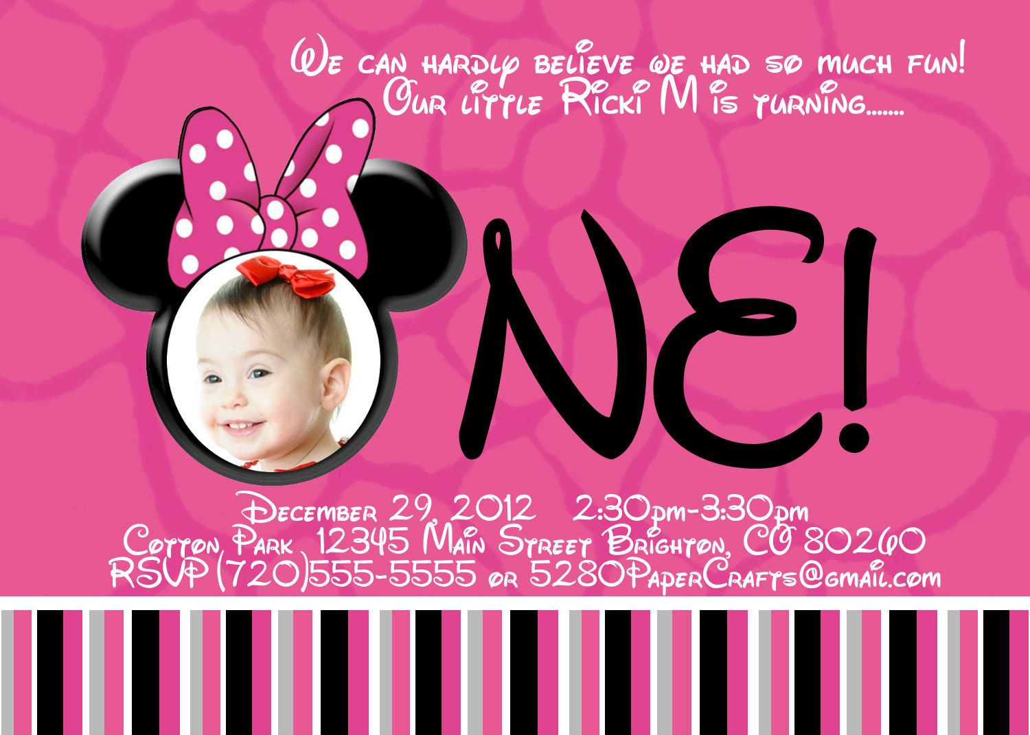 Minnie Mouse 1st Birthday Personalized Invitations
 Free Printable Minnie Mouse 1st Birthday Invitations in
