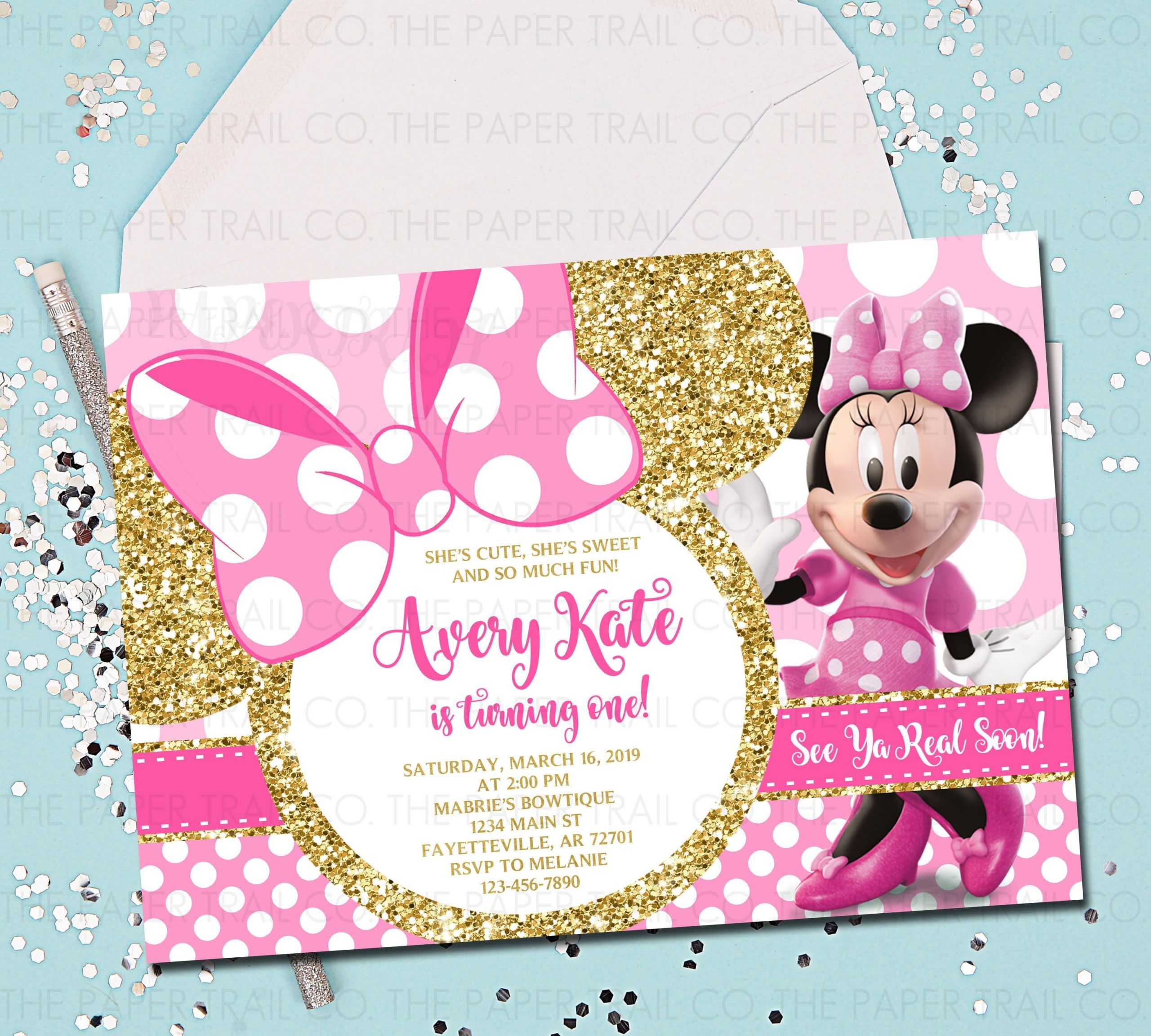 Minnie Mouse 1st Birthday Personalized Invitations
 MINNIE MOUSE 1st Birthday Invitation Pink and Gold Minnie