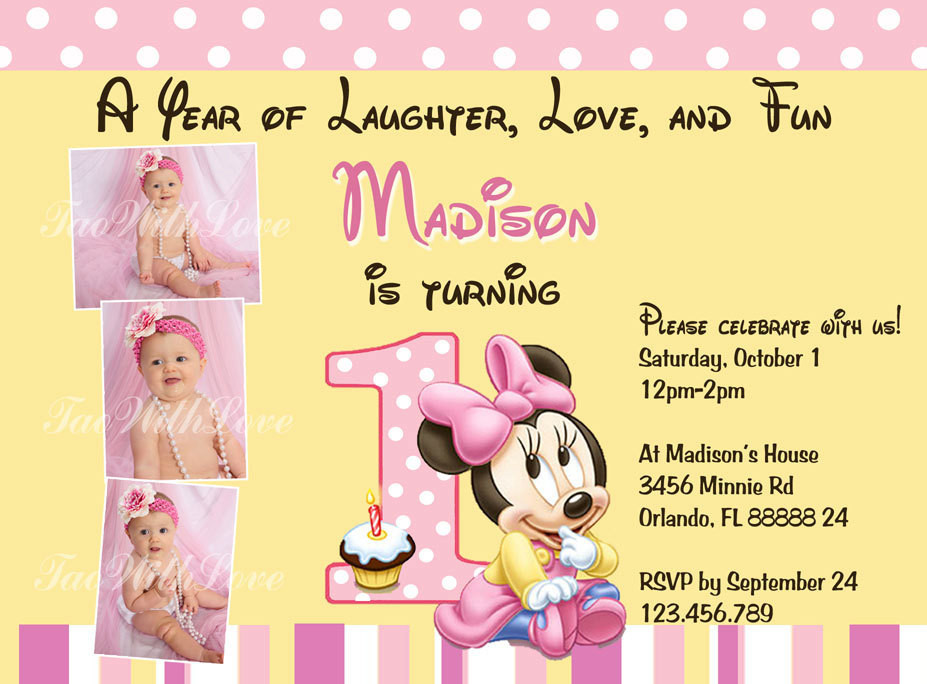 Minnie Mouse 1st Birthday Personalized Invitations
 Minnie Mouse First 1st Birthday Printable Invitation