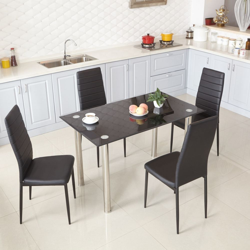 Modern Kitchen Table And Chairs
 Black Glass Dining Table And 4 Faux Leather Chairs