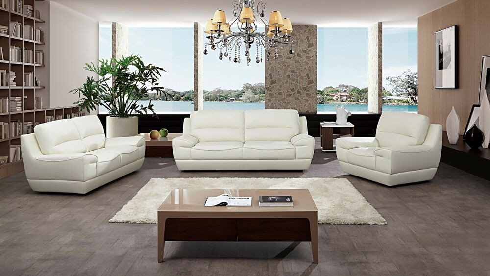 Modern Living Room Set
 3 PC Modern White Italian Top Grain Leather Sofa Loveseat
