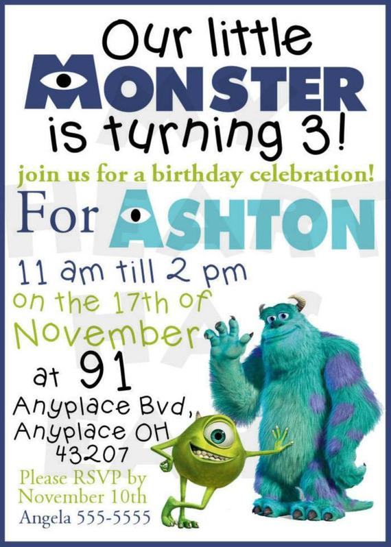Monster Inc Birthday Party
 DIY Monsters Inc Birthday Invitation PERSONALIZED name ANY