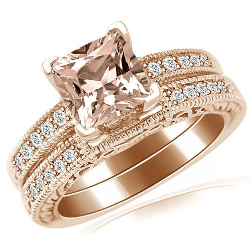 Morganite Wedding Rings
 Pink Peach Cushion Morganite Diamond Matching Engagement Ring