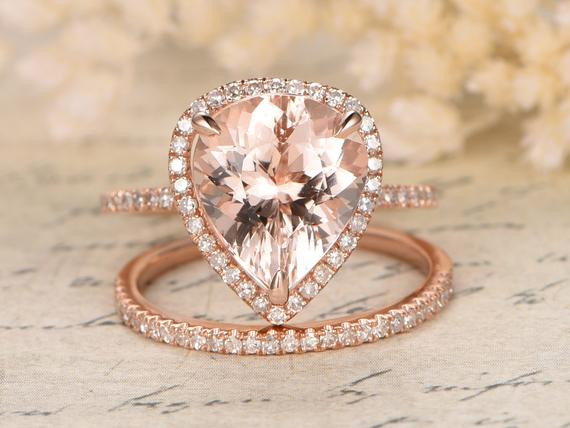 Morganite Wedding Rings
 10x12mm Pear Cut Morganite Engagement Ring Set Pink Morganite