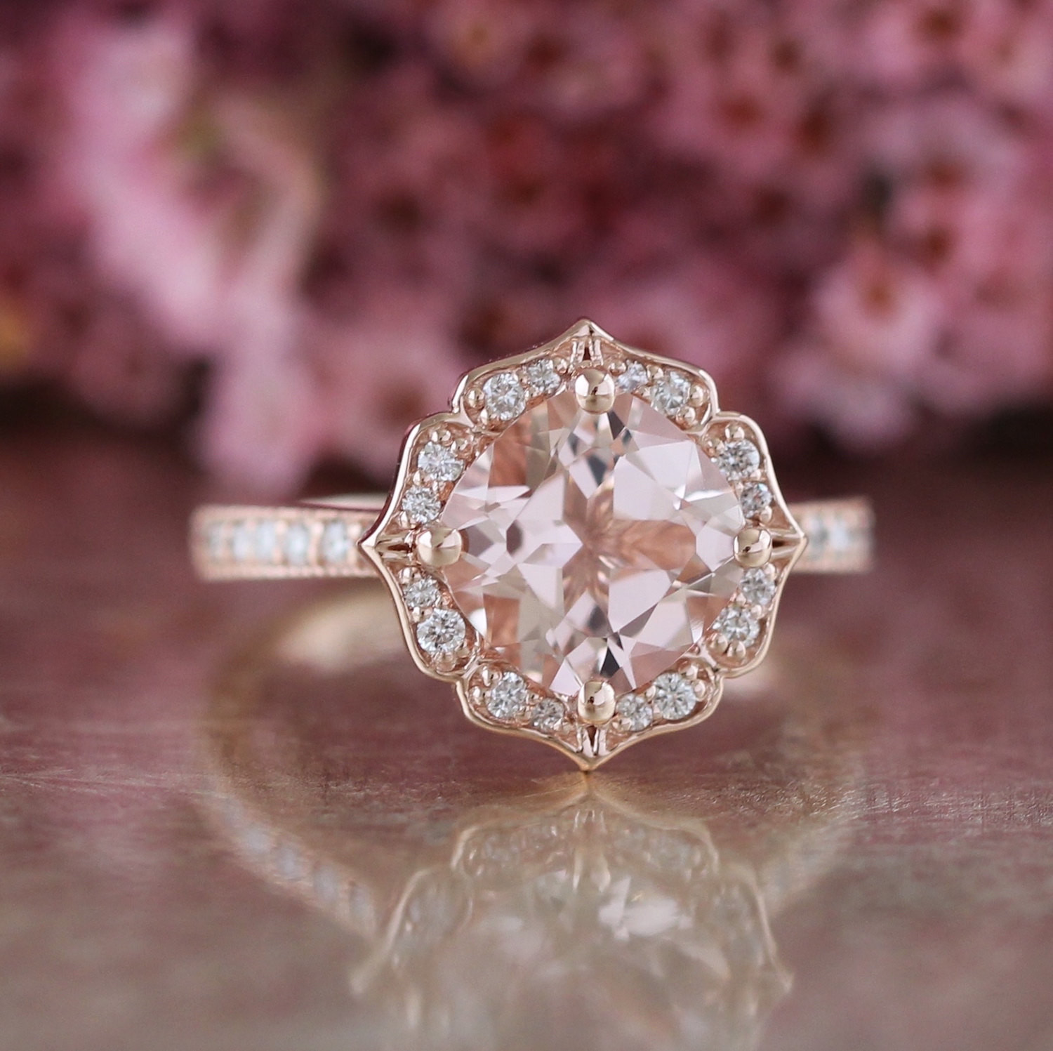 Morganite Wedding Rings
 Vintage Floral Morganite Engagement Ring in 14k Rose Gold