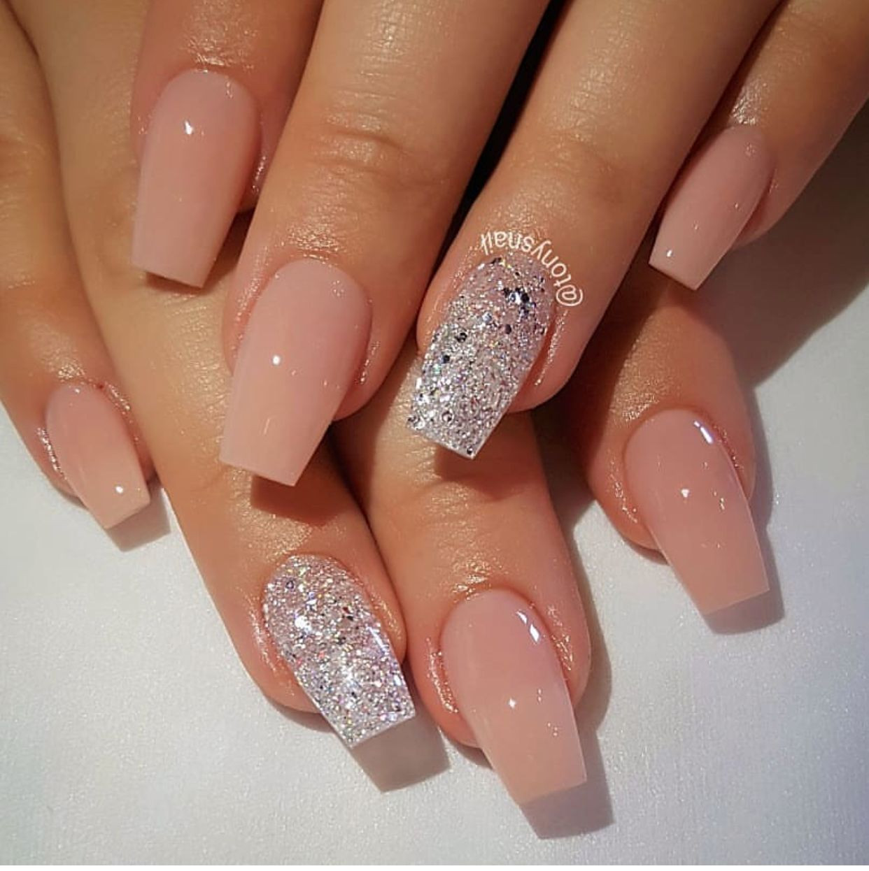 Natural Glitter Nails
 Nail art pink and silver glitter nails in 2019