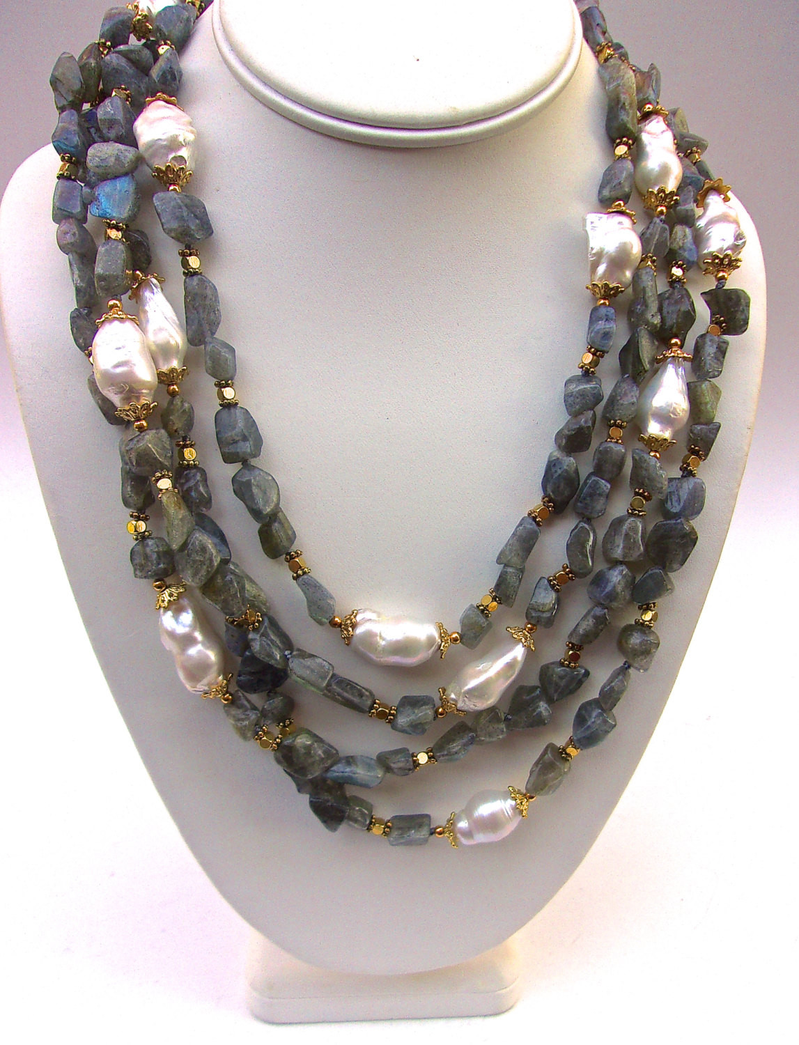 Natural Pearl Necklace
 Labradorite & Natural Baroque Pearl Necklace 4 Strand