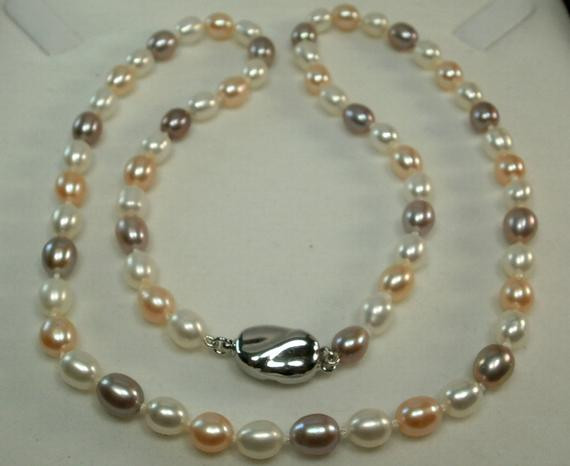 Natural Pearl Necklace
 Tri Color Natural Pearl Necklace 17inch Pink by WhitePearlGem