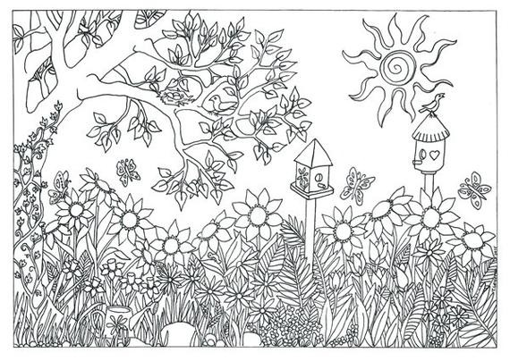 Nature Coloring Pages For Adults
 Items similar to Printable Garden & Nature Scene Coloring