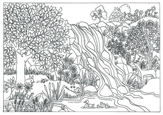Nature Coloring Pages For Adults
 Items similar to Printable Waterfall Nature Scene Coloring