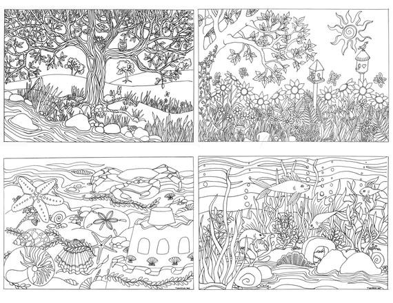 Nature Coloring Pages For Adults
 Items similar to Printable Set of 4 Assorted Nature Scenes