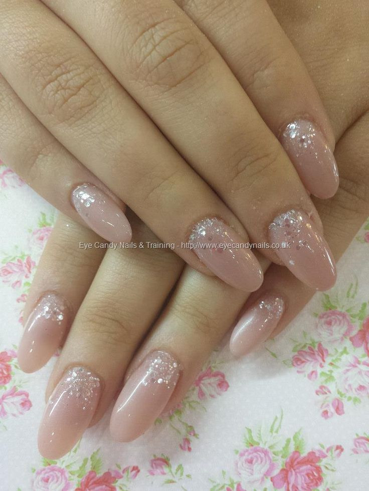 Nude Glitter Nails
 Toffee acrylic with silver disco ball glitter