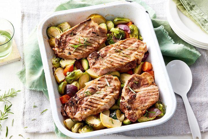 One Pan Pork Chops And Roasted Vegetables
 Pork chops with maple roasted ve ables
