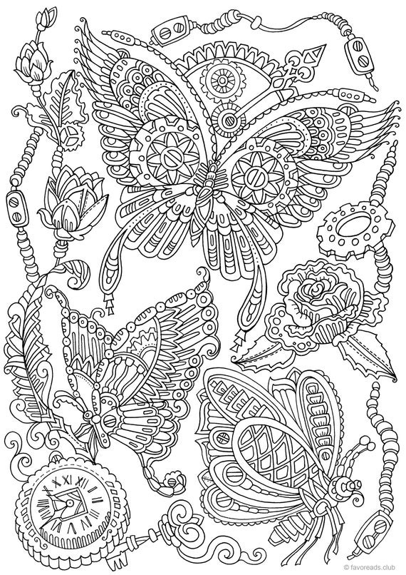 Online Coloring Books For Adults
 Steampunk Butterflies Printable Adult Coloring Page from