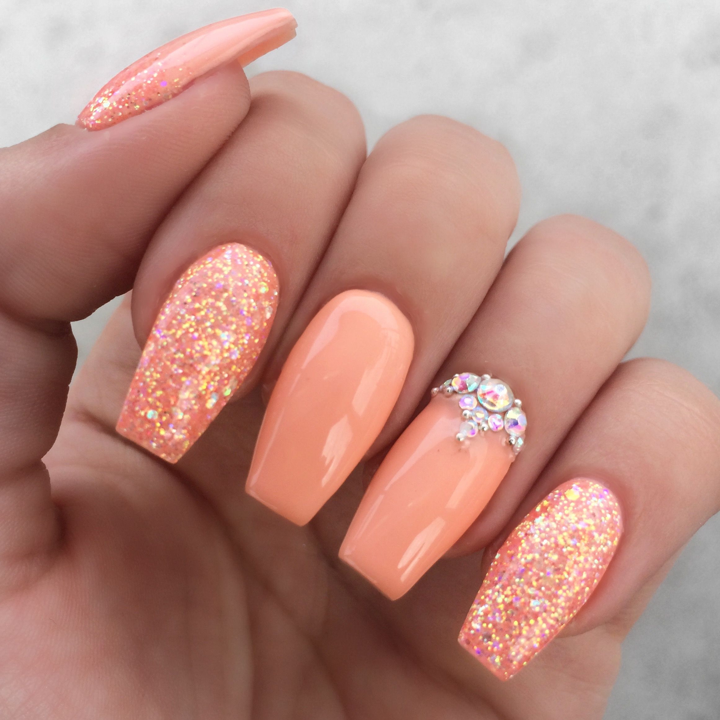 Peach Color Nail Designs
 Girly peach glitter rhinestone nails in 2019
